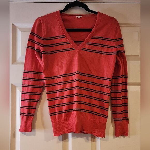 J. Crew pink and black striped v neck lightweight sweater top M - Picture 1 of 4